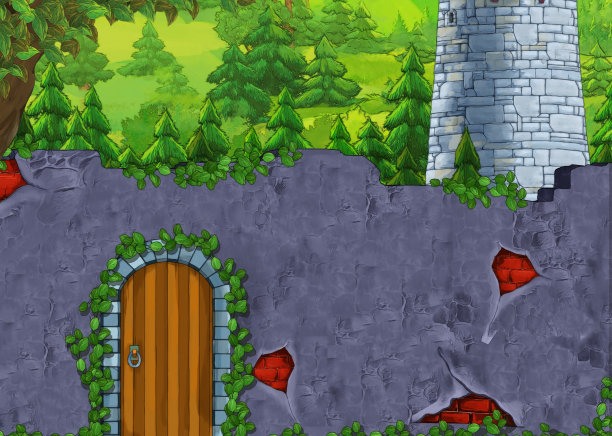 森林附近城堡的卡通快乐场景图片下载