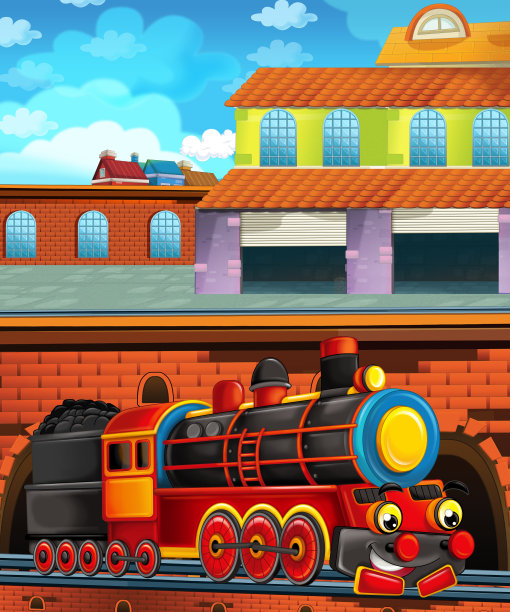 城市附近火车站的卡通火车——儿童插画图片下载