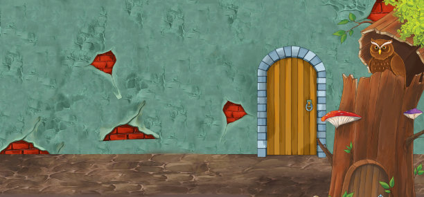 卡通场景与猫头鹰鸟与空城堡房间与门插图图片下载