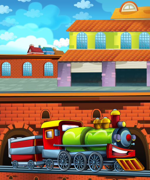 城市附近火车站的卡通火车——儿童插画图片下载