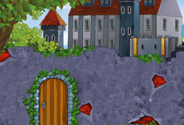 森林附近城堡的卡通快乐场景图片下载