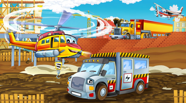 卡通场景与工业汽车在建筑工地和飞行直升机-插图儿童图片下载