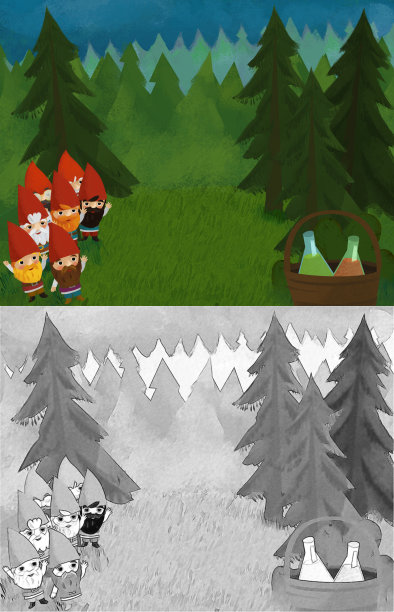 卡通场景与小矮人在森林插图图片下载