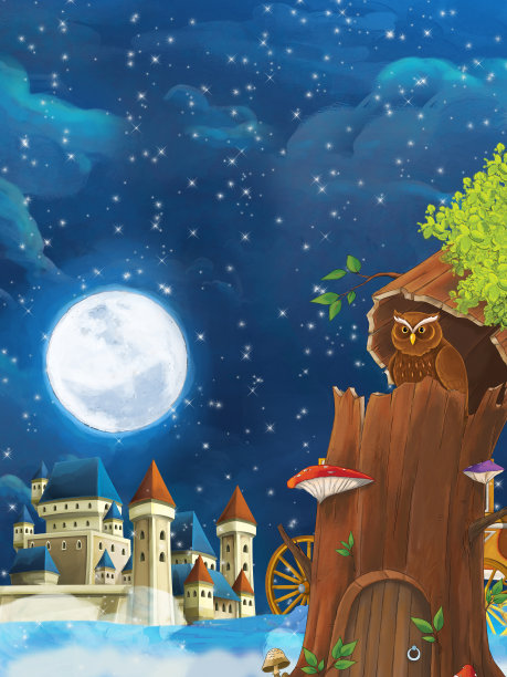 夜晚猫头鹰坐在城堡附近的树上的卡通场景-插图图片下载