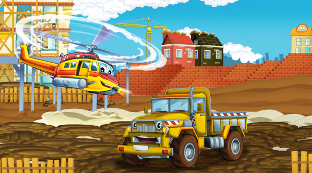 卡通场景与工业汽车在建筑工地和飞行直升机-插图儿童图片下载