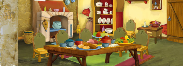 卡通场景与中世纪的厨房房间图片下载