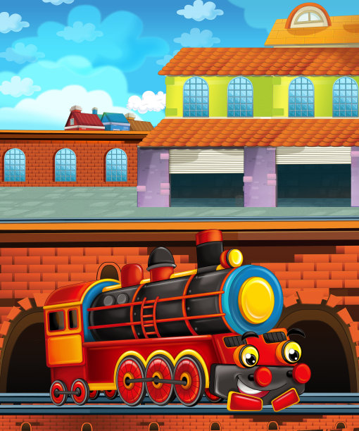城市附近火车站的卡通火车——儿童插画图片下载