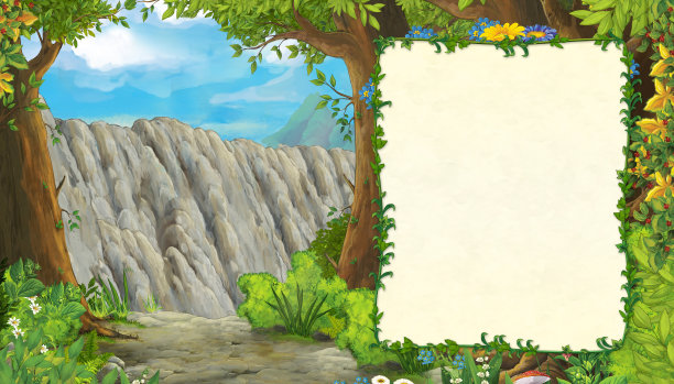 卡通场景与山脉山谷附近的森林与框架文本插图的儿童图片下载