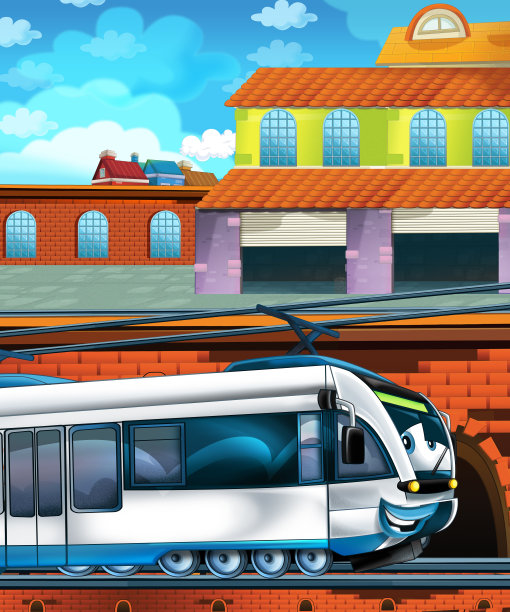 城市附近火车站的卡通火车——儿童插画图片下载