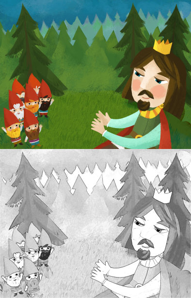 卡通王子在森林附近的一些小矮人插图图片下载