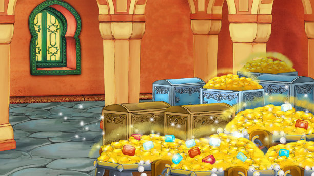 中世纪阿拉伯房间的卡通场景-远东装饰品-不同用途的舞台-儿童插画图片下载