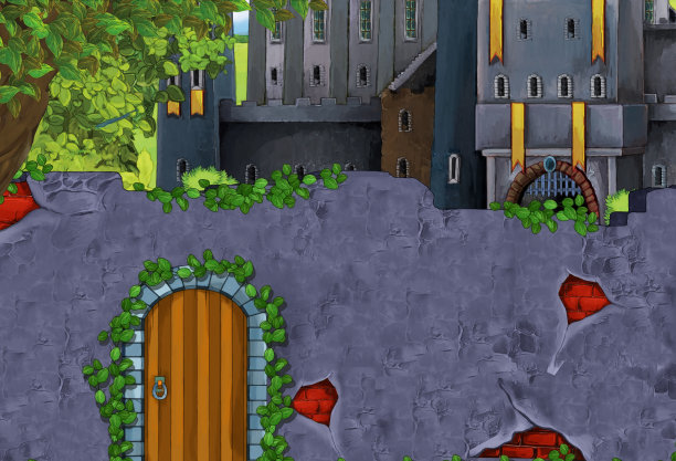 森林附近城堡的卡通快乐场景图片下载