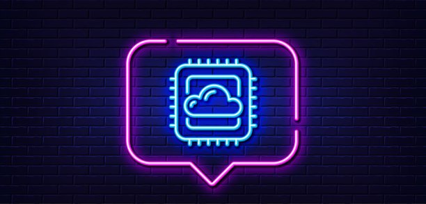 云计算CPU线条图标，互联网数据存储标志，霓虹灯语音气泡矢量图图片下载