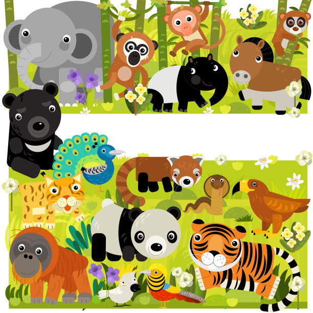 卡通场景与不同的亚洲动物在森林插图图片下载