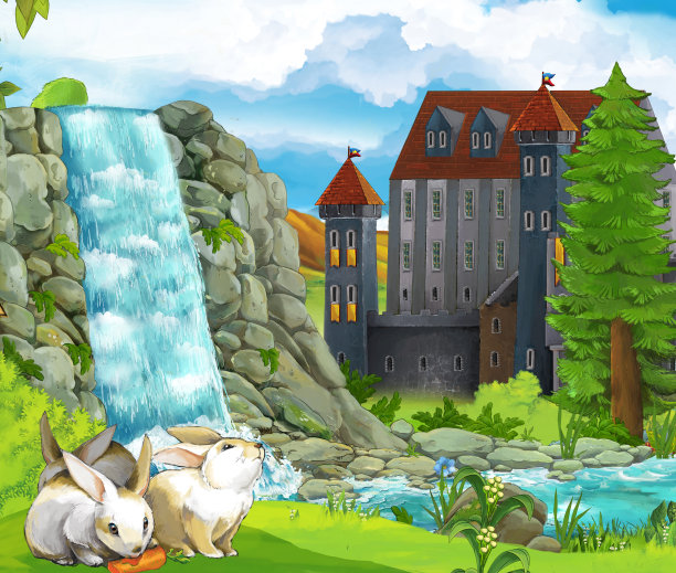 卡通自然场景与瀑布兔子城堡的背景图片下载