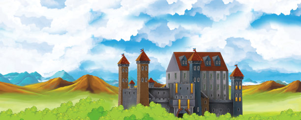 卡通自然景观，森林附近有美丽的城堡-儿童插图图片下载