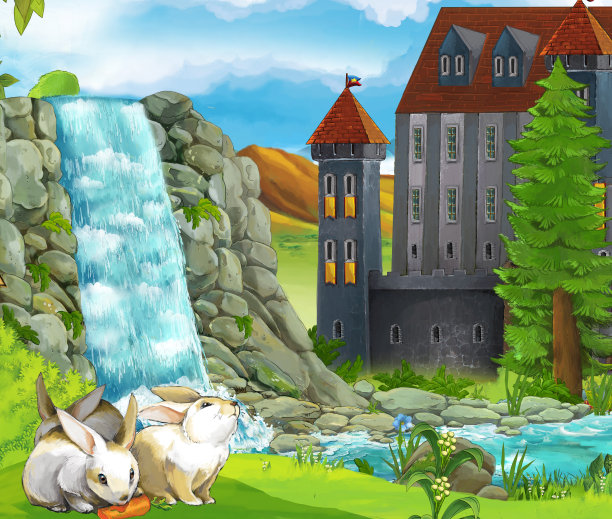 卡通自然场景与瀑布兔子城堡的背景图片下载