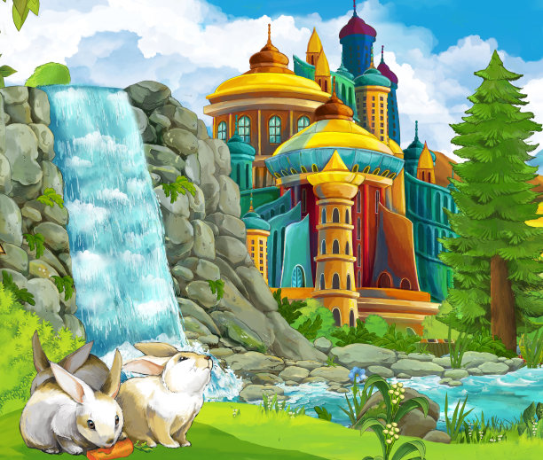 卡通自然场景与瀑布兔子城堡的背景图片下载