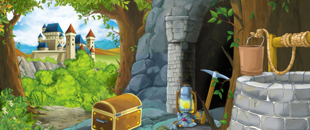 森林中的卡通场景，背景中隐藏着通往老矿井和城堡王国的入口-儿童插图图片下载