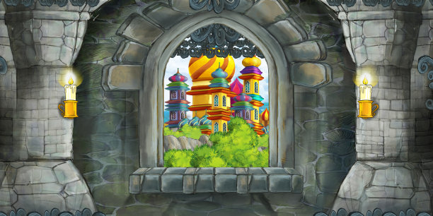 卡通场景的中世纪城堡内部与窗户的观点对一些其他城堡-儿童插图图片下载