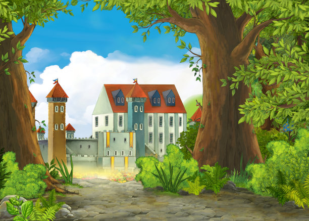 卡通自然风光与美丽的城堡-儿童插图图片下载