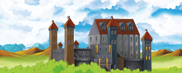 卡通自然景观，森林附近有美丽的城堡-儿童插图图片下载