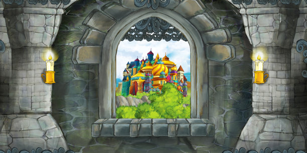 卡通场景的中世纪城堡内部与窗户的观点对一些其他城堡-儿童插图图片下载