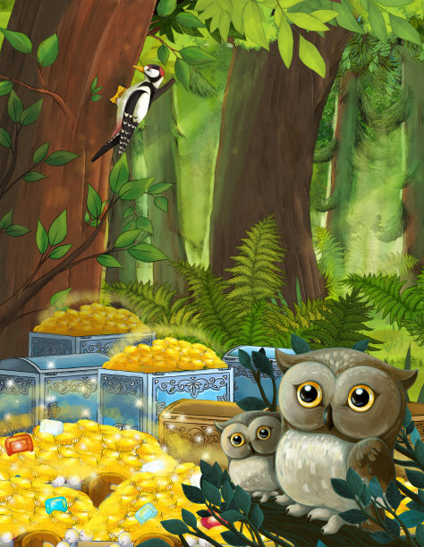 卡通夏日场景，森林深处，宝藏和飞翔的猫头鹰-没有人在现场-儿童插图图片下载
