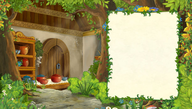 卡通场景与农舍内部在森林中间的文本框架-没有人在现场-儿童插图图片下载