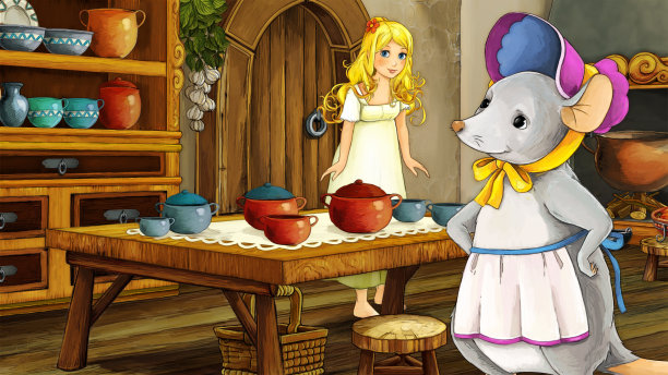 卡通场景与公主和老鼠在农舍厨房插图图片下载