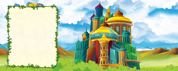 卡通自然场景与美丽的城堡附近的森林与框架文本标题页-插图的孩子图片下载