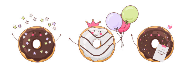 一套五颜六色的可爱甜甜圈。在涂鸦风格的一个甜甜圈字符矢量插图。非常适合用于咖啡馆，面包店或制造商的网站。理想的贴纸，明信片，横幅或海报。图片下载