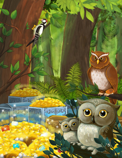 卡通夏日场景与森林深处和宝藏与坐猫头鹰-没有人在现场-儿童插图图片下载