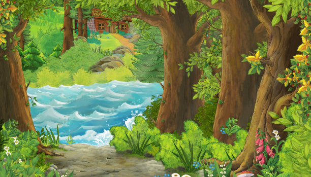 美丽的海岸或海滩的海洋或湖泊的卡通场景-为儿童插图图片下载