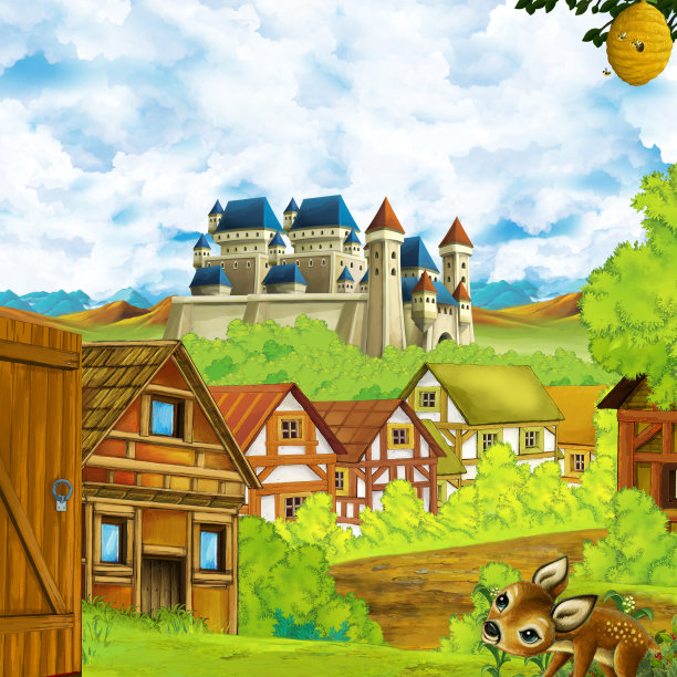 卡通场景与王国城堡和山脉山谷森林和农村定居点插图图片下载