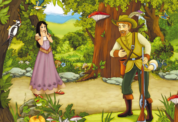 森林中猎人和公主的卡通场景为儿童插画图片下载