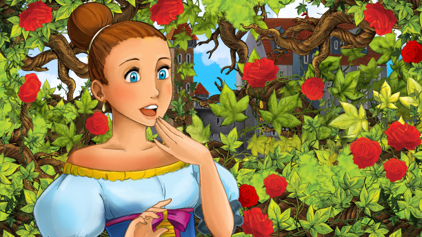 卡通素描场景与公主在花园插图图片下载