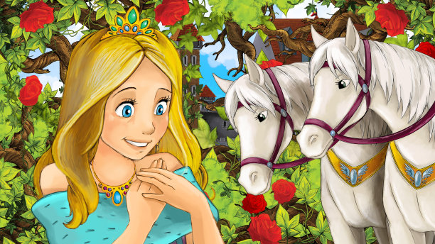 卡通素描场景与公主在花园马匹图片下载