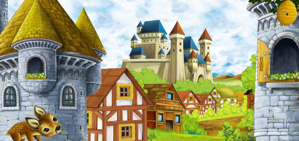 卡通场景与王国城堡和山脉山谷森林和农村定居点插图图片下载