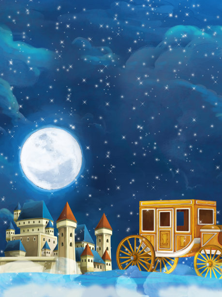 卡通场景与王子和公主附近的城堡夜间插图图片下载