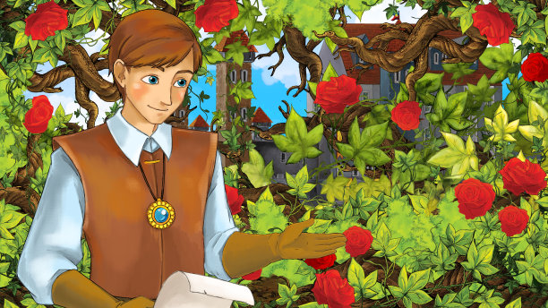 卡通素描场景与王子在花园-插图图片下载