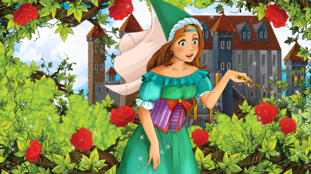 美丽公主在花园的卡通场景-城堡在背景-插图图片下载