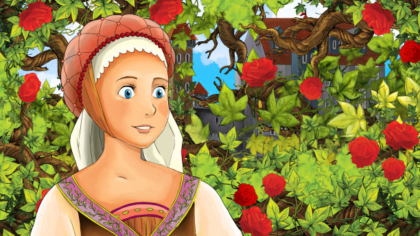 卡通素描场景与公主在花园插图图片下载