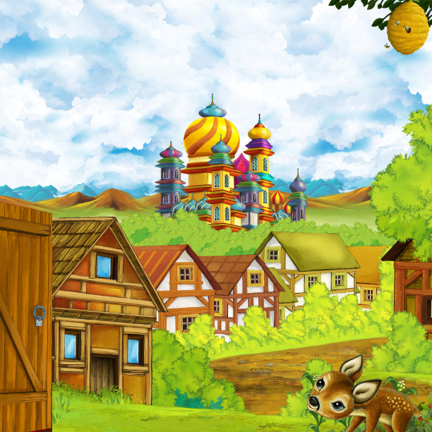 卡通场景与王国城堡和山脉山谷森林和农村定居点插图图片下载