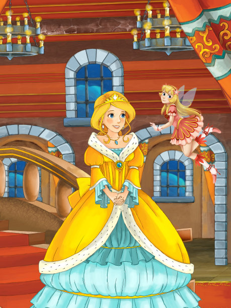 卡通场景与公主和王子在城堡房间插图图片下载