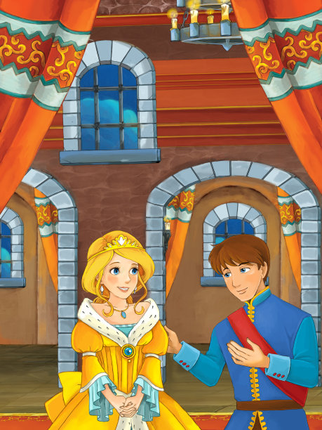 卡通场景与王子和公主在城堡房间插图图片下载