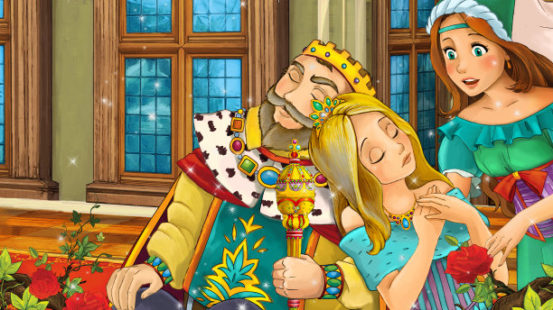 卡通场景与女王和骑士插图图片下载