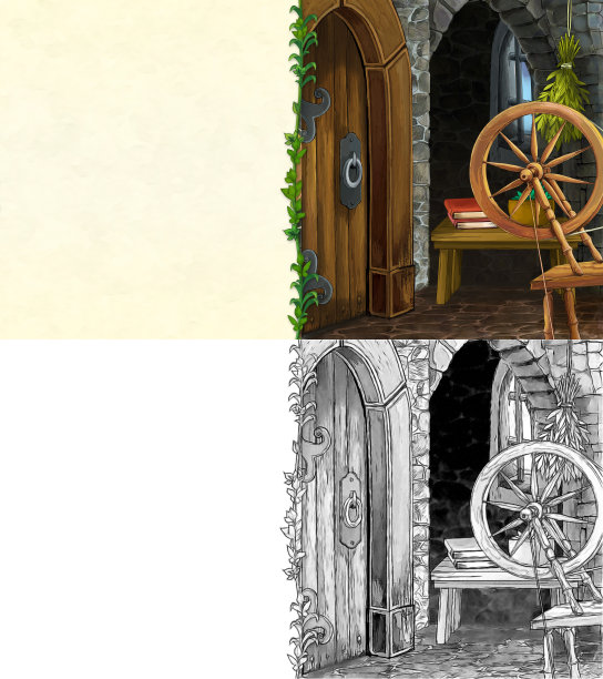 卡通素描场景与城堡房间插图图片下载