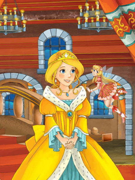 卡通场景与公主和王子在城堡房间插图图片下载