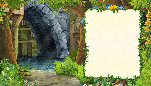 卡通自然场景与中世纪城市街道-儿童插图图片下载